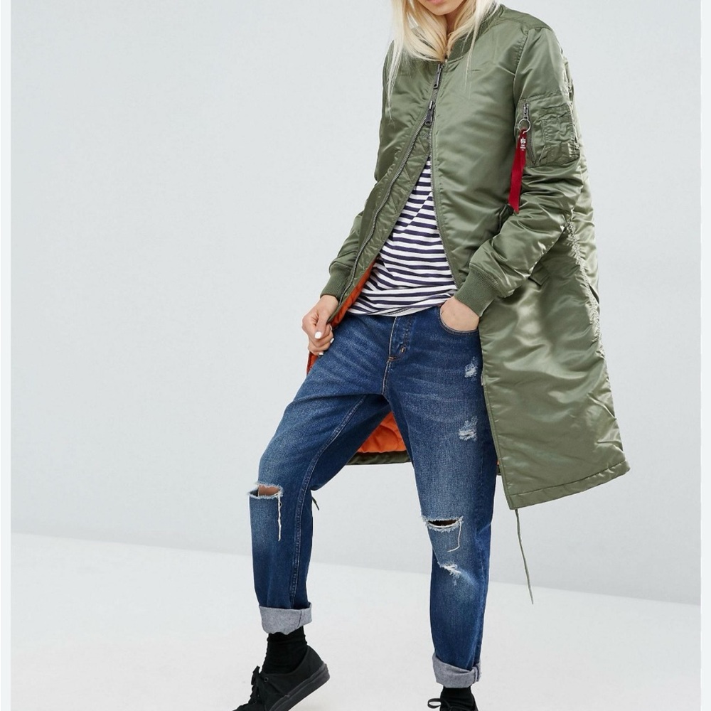 Alpha industries women's size large Olive Green Longline Bomber Jacket.